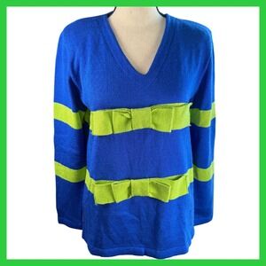Ami Knits Vintage 80/90's V-Neck Striped Bow Sweater‎ Size 8 Blue Green USA Made